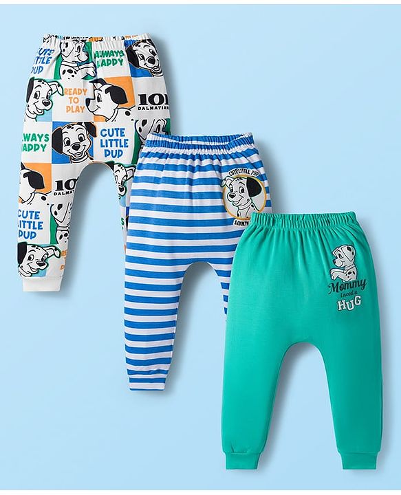 Babyhug Disney Interlock Knit Full Length Diaper Leggings With 101 Dalmatians Graphics Pack of 3 - Blue White & Sea Green