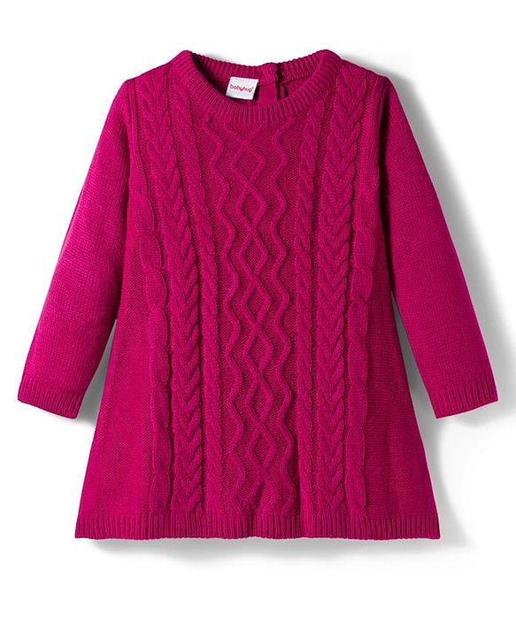 Babyhug Knitted Full Sleeves Woollen Dress With Cable Knit Design - Dark Pink