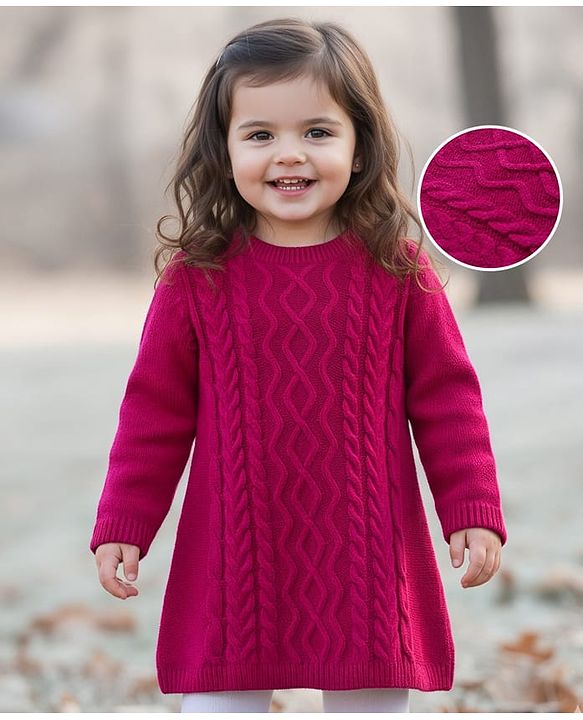 Babyhug Knitted Full Sleeves Woollen Dress With Cable Knit Design - Dark Pink