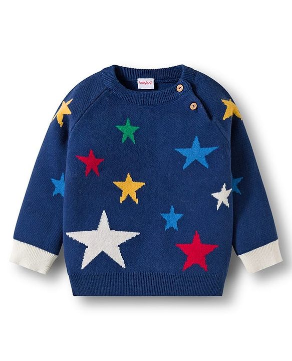 Babyhug Cotton Knit Full Sleeves Sweater Set with Cap  & Star Design - Navy Blue