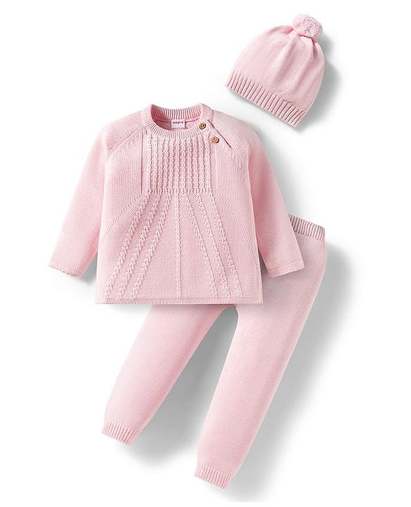 Babyhug Cotton Knit Full Sleeves Pullover Sweater Set with Cap & Cable Knit Design - Pink