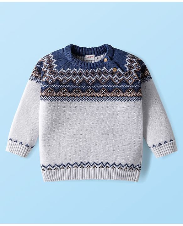 Babyhug Knit Full Raglan Sleeves Pullover Sweater Set with Cap & Aztec Design - Navy Blue