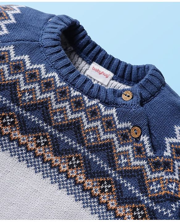 Babyhug Knit Full Raglan Sleeves Pullover Sweater Set with Cap & Aztec Design - Navy Blue