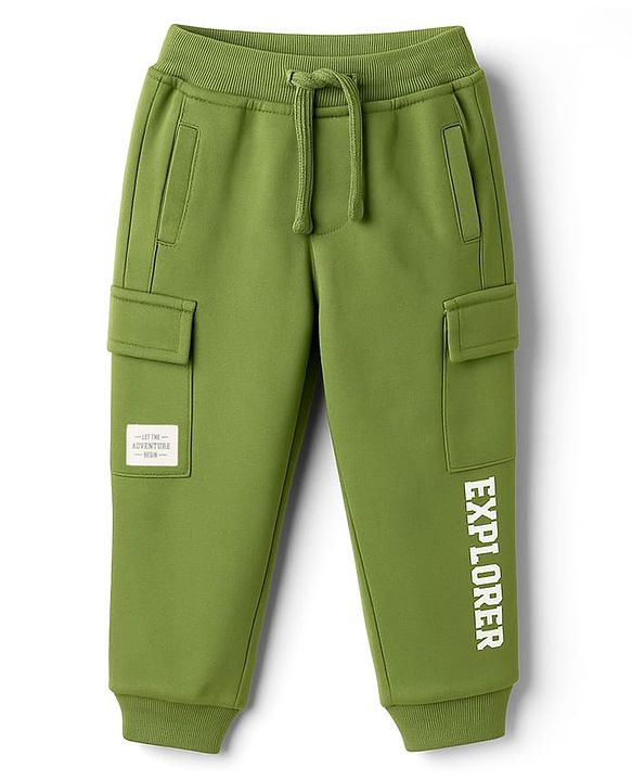 Babyhug French Terry Knit  Full Length Track Pant with Pockets & Explore Text Print - Green