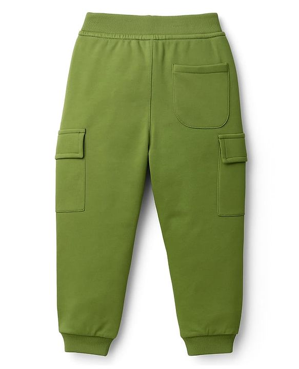 Babyhug French Terry Knit  Full Length Track Pant with Pockets & Explore Text Print - Green