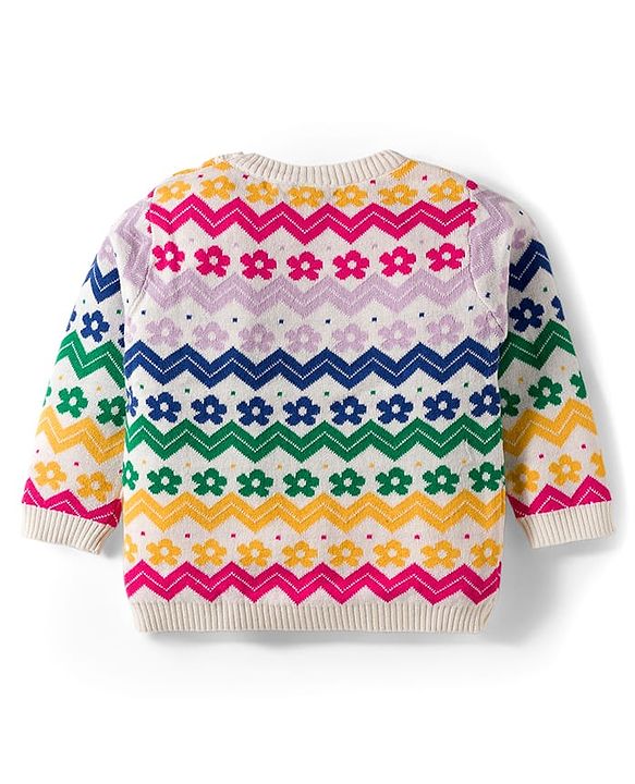 Babyhug Cotton Knitted Full Sleeves Sweater Set With Floral Design & Cap - Pink & White