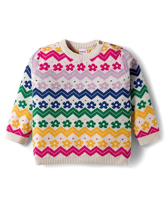 Babyhug Cotton Knitted Full Sleeves Sweater Set With Floral Design & Cap - Pink & White