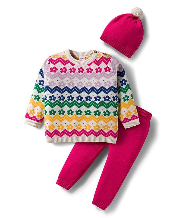 Babyhug Cotton Knitted Full Sleeves Sweater Set With Floral Design & Cap - Pink & White