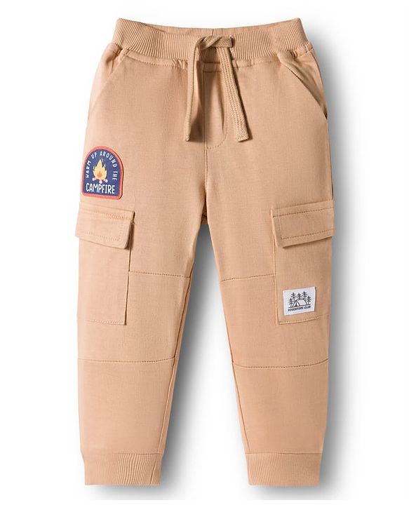 Babyhug French Terry Knit Full Length Lounge Pant With Text Badge - Cream