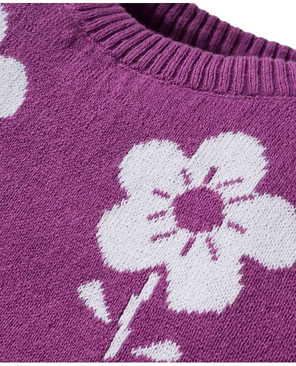 Babyhug Cotton Knit Full Sleeves Sweater Set with Cap & Floral Design - Purple