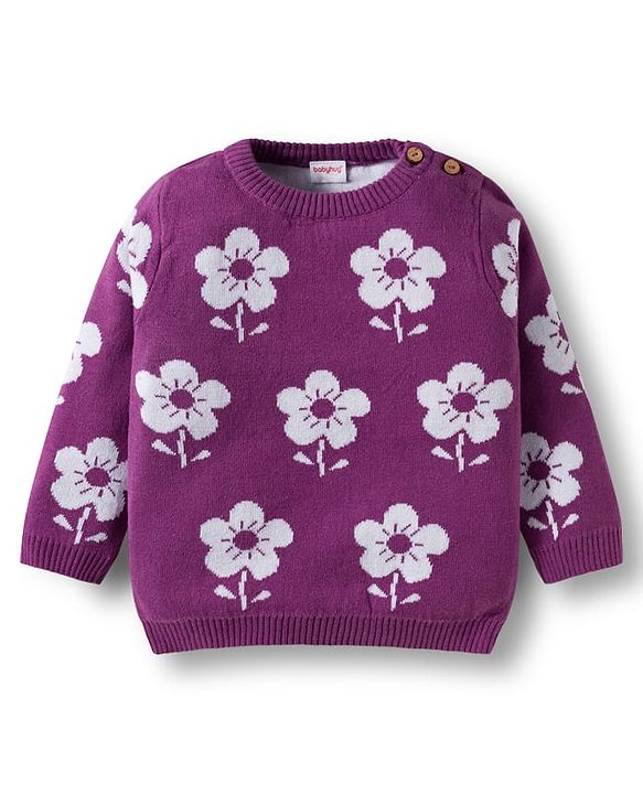 Babyhug Cotton Knit Full Sleeves Sweater Set with Cap & Floral Design - Purple