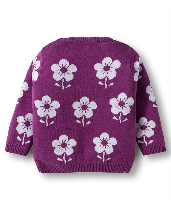 Babyhug Cotton Knit Full Sleeves Sweater Set with Cap & Floral Design - Purple