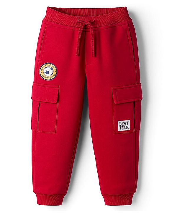 Babyhug French Terry Knit Full Length Lounge Pant With Text Print - Red