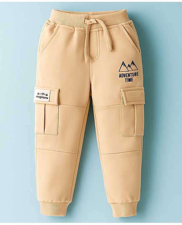 Babyhug Frenc Terry Knit Full Length Lounge Pant With Text Print - Beige