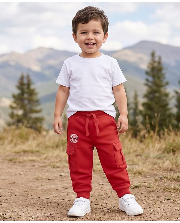 Babyhug French Terry Knit Full Length Lounge Pant With Text Print - Red