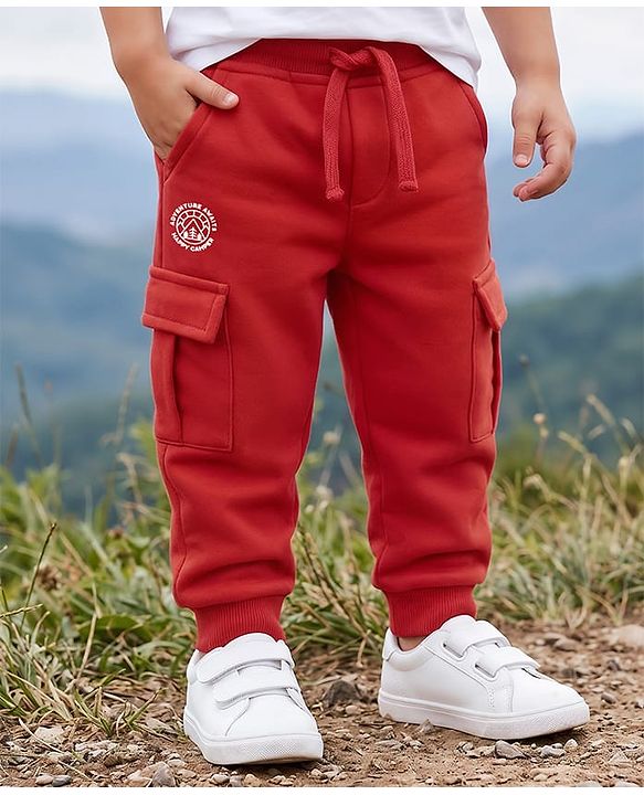 Babyhug French Terry Knit Full Length Lounge Pant With Text Print - Red