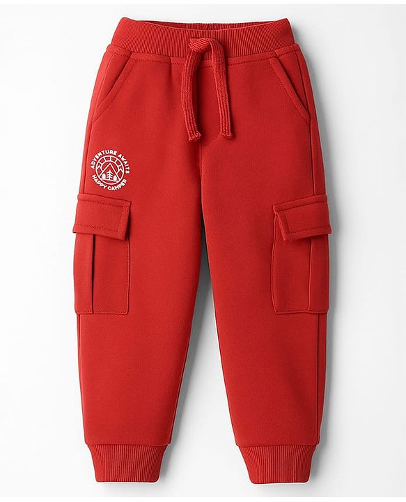 Babyhug French Terry Knit Full Length Lounge Pant With Text Print - Red