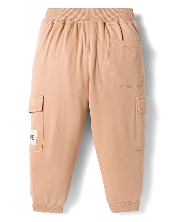 Babyhug French Terry Knit Full Length Lounge Pant Set With Text Badge - Cream