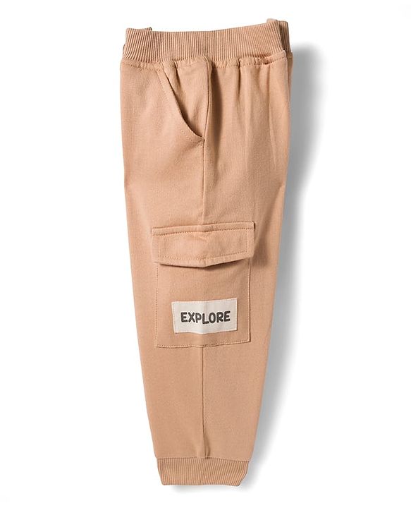 Babyhug French Terry Knit Full Length Lounge Pant Set With Text Badge - Cream
