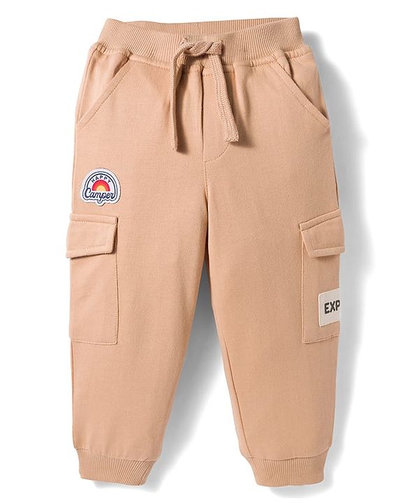 Babyhug French Terry Knit Full Length Lounge Pant Set With Text Badge - Cream