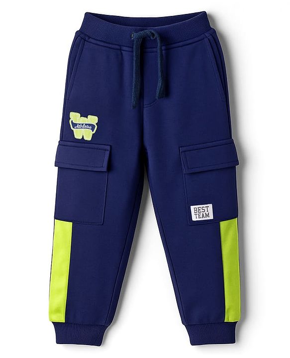 Babyhug French Terry Knit  Full Length Track Pant with Pockets & Best Team Text Print - Navy Blue
