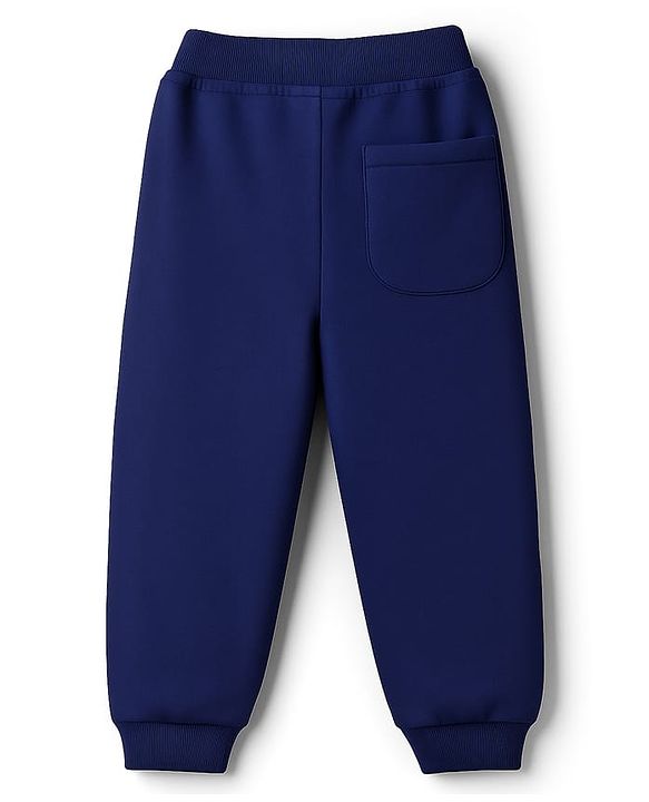 Babyhug French Terry Knit  Full Length Track Pant with Pockets & Best Team Text Print - Navy Blue