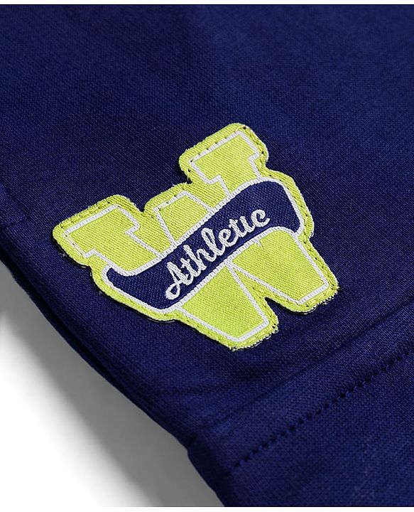 Babyhug French Terry Knit  Full Length Track Pant with Pockets & Best Team Text Print - Navy Blue