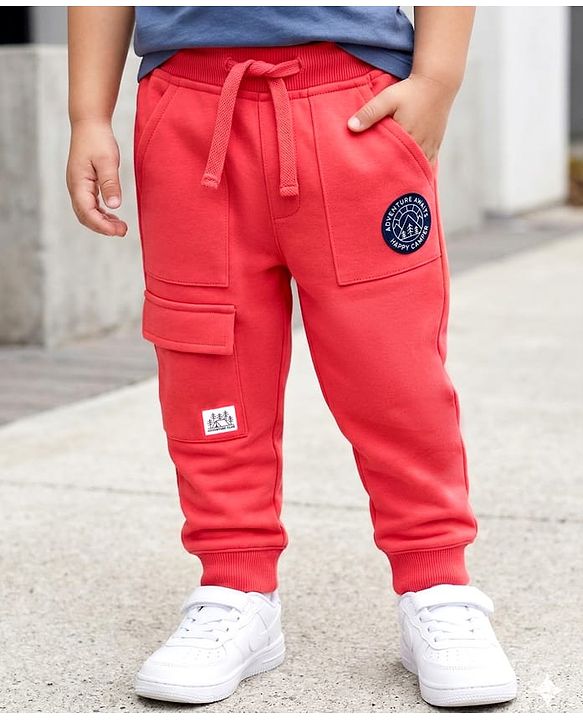 Babyhug French Terry Knit Full Length Lounge Pant With Text Print - Red
