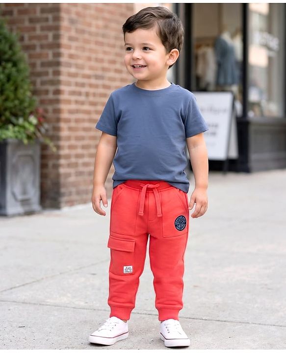 Babyhug French Terry Knit Full Length Lounge Pant With Text Print - Red