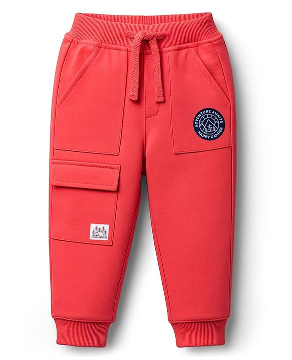 Babyhug French Terry Knit Full Length Lounge Pant With Text Print - Red