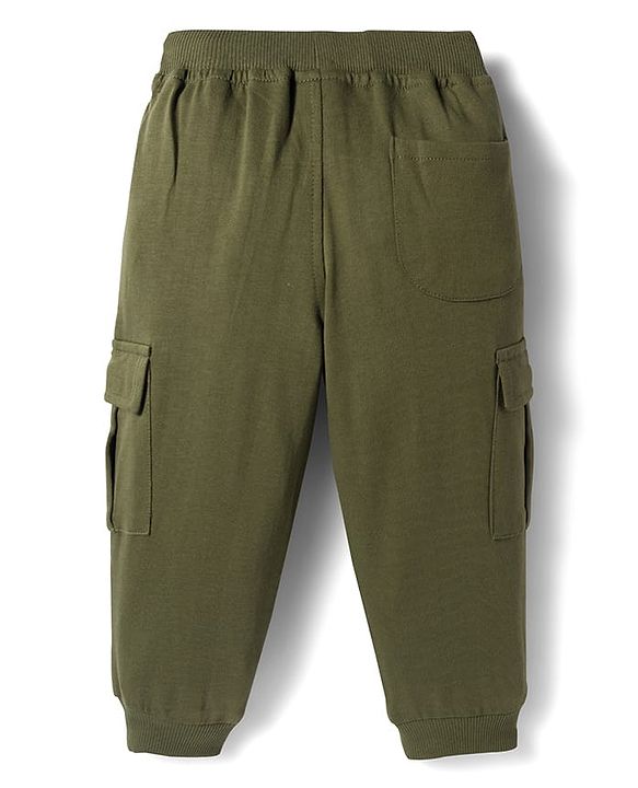 Babyhug French Terry Knit Full Length Lounge Pant with Patch - Olive Green