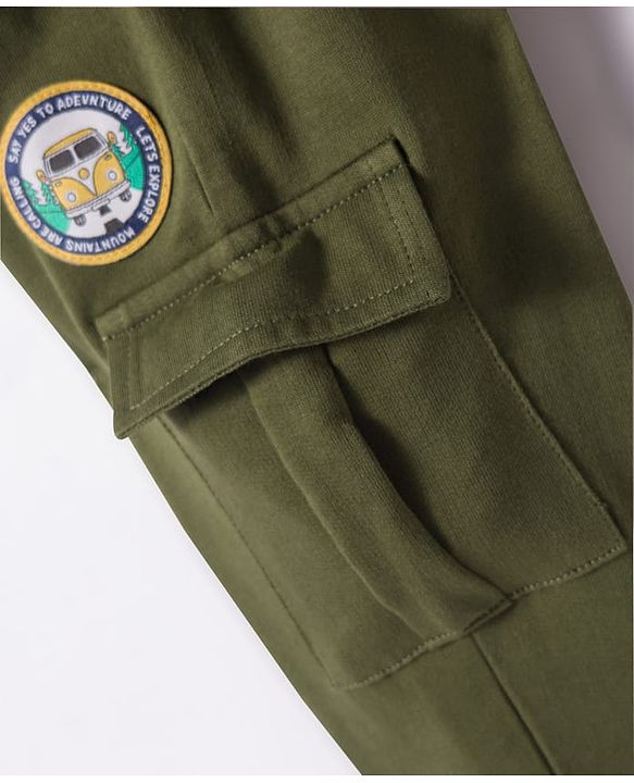 Babyhug French Terry Knit Full Length Lounge Pant with Patch - Olive Green