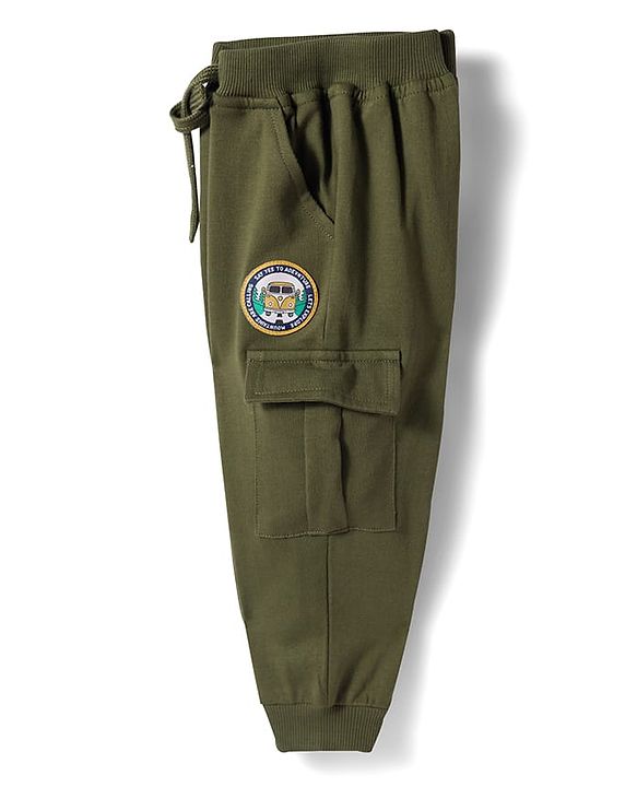 Babyhug French Terry Knit Full Length Lounge Pant with Patch - Olive Green