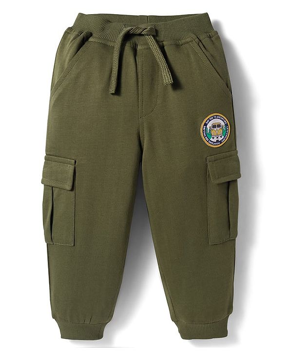 Babyhug French Terry Knit Full Length Lounge Pant with Patch - Olive Green