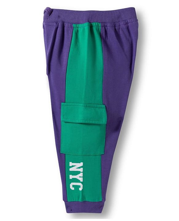 Babyhug French Terry Knit Full Length Lounge Pant With Text Patch - Purple