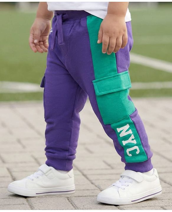 Babyhug French Terry Knit Full Length Lounge Pant With Text Patch - Purple