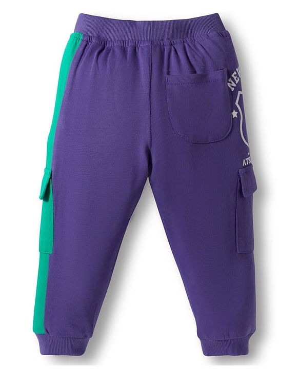 Babyhug French Terry Knit Full Length Lounge Pant With Text Patch - Purple