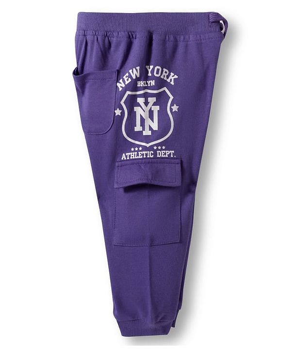 Babyhug French Terry Knit Full Length Lounge Pant With Text Patch - Purple