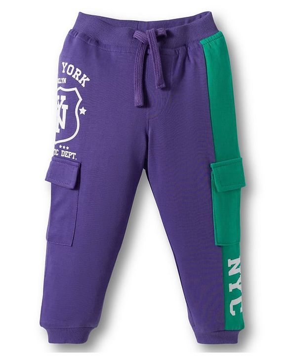 Babyhug French Terry Knit Full Length Lounge Pant With Text Patch - Purple