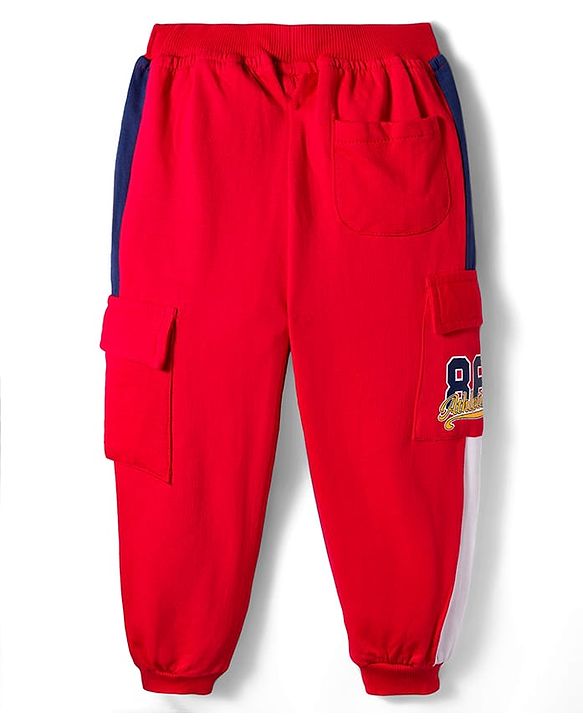 Babyhug French Terry Knit Full Length Lounge Pant  With Text Print - Red