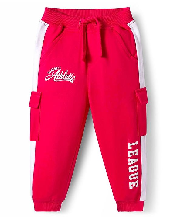 Babyhug French Terry Knit Full Length Lounge Pant with Text Print - Red
