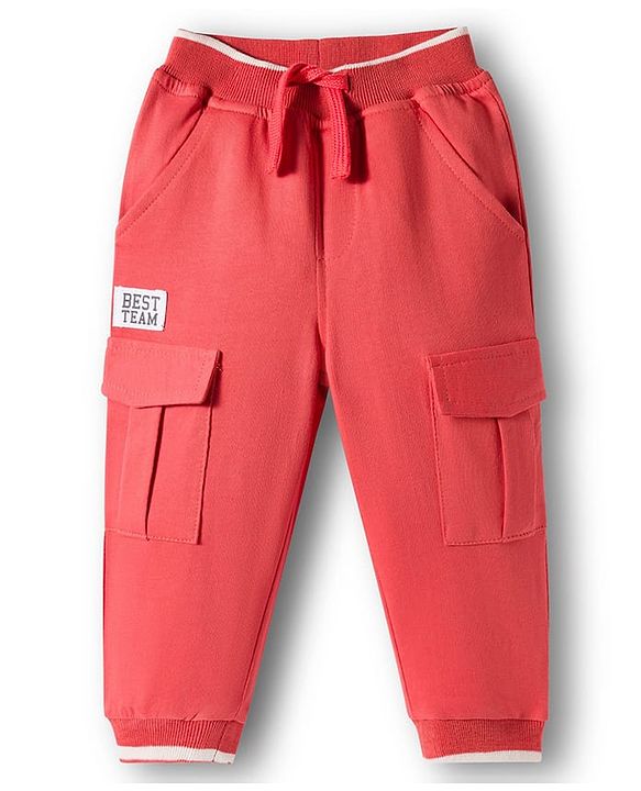 Babyhug French Terry Knit Full Length Lounge Pant With Text Badge - Rust Orange
