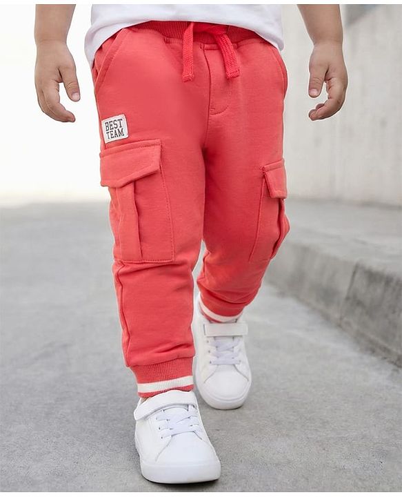 Babyhug French Terry Knit Full Length Lounge Pant With Text Badge - Rust Orange