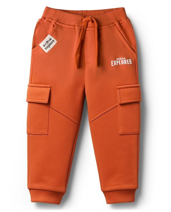 Babyhug French Terry Knit Full Length Lounge Pant With Text Print - Rust Orange