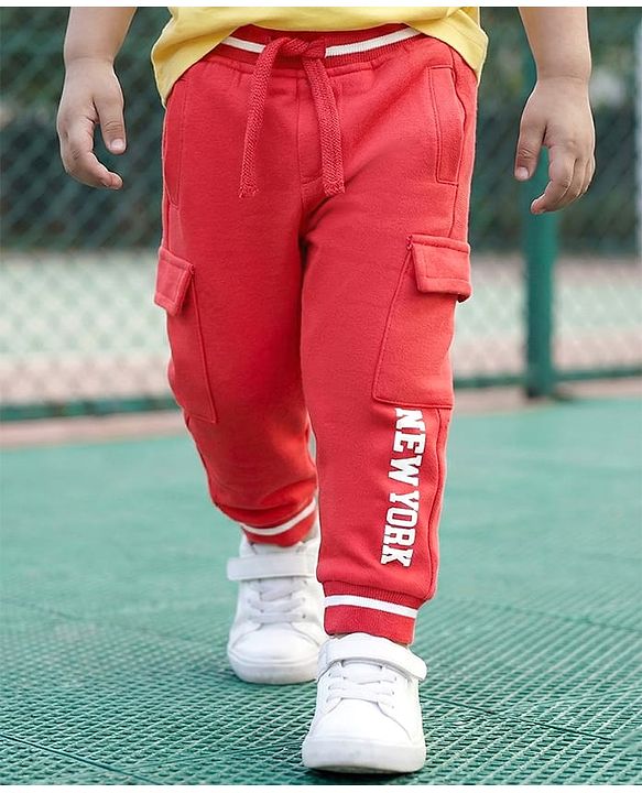 Babyhug French Terry Full Length Lounge Pant with New York Print - Red