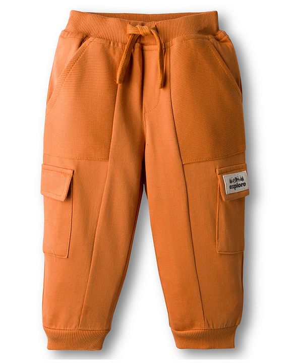 Babyhug Knit Full Length French Terry Lounge Pant With Text Patch - Brown