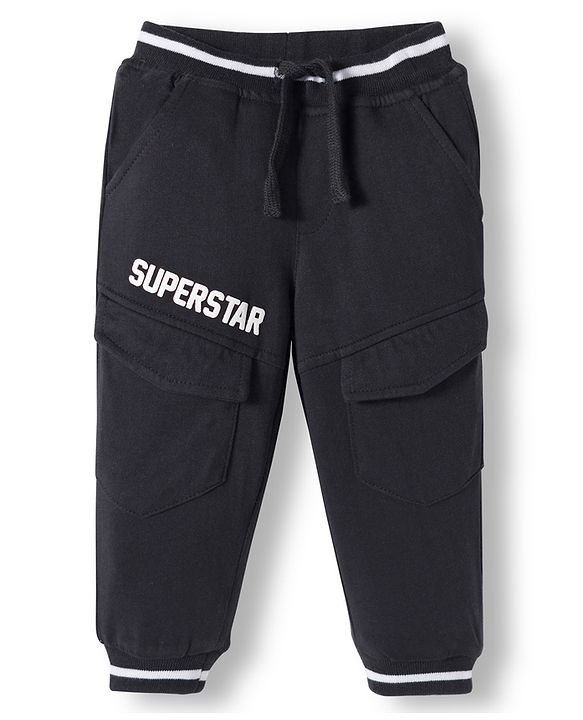 Babyhug French Terry Knit Full Length Lounge Pant With Text Print - Black