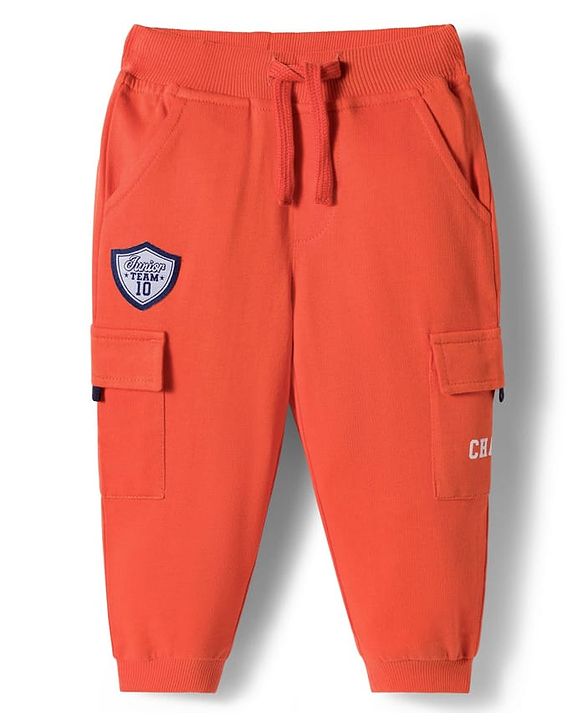 Babyhug French Terry Knit Full Length Lounge Pant with Pockets & Badge - Orange