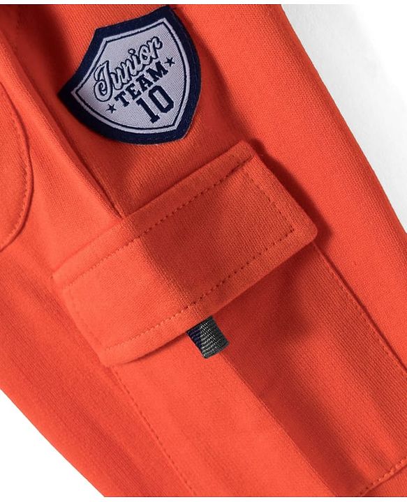 Babyhug French Terry Knit Full Length Lounge Pant with Pockets & Badge - Orange