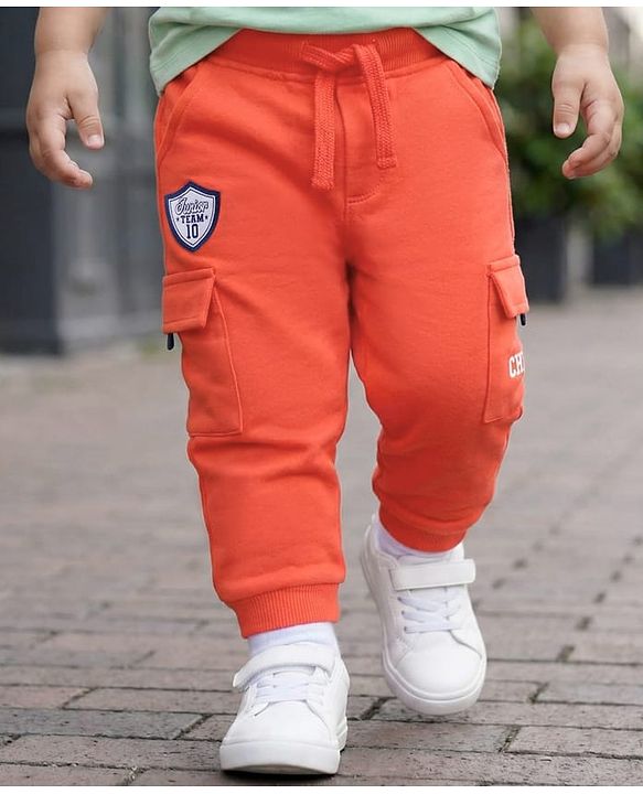 Babyhug French Terry Knit Full Length Lounge Pant with Pockets & Badge - Orange
